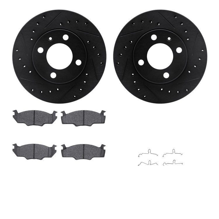 8512-74121 Drilled/Slotted Brake Rotors w/5000 Advanced Brake Pads Kit & Hardware [Black], 1980-1984 Audi/Volkswagen, Position: 