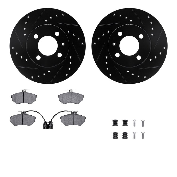 8512-74140 Drilled/Slotted Brake Rotors w/5000 Advanced Brake Pads Kit & Hardware [Black], 1995-1995 Audi/Volkswagen, Position: 