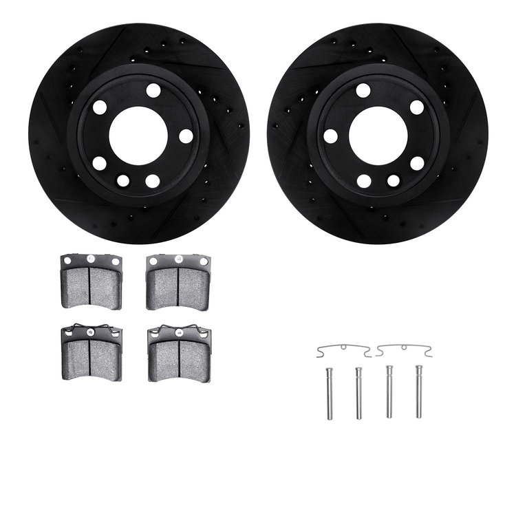 8512-74219 Drilled/Slotted Brake Rotors w/5000 Advanced Brake Pads Kit & Hardware [Black], 1992-1995 Audi/Volkswagen, Position: 