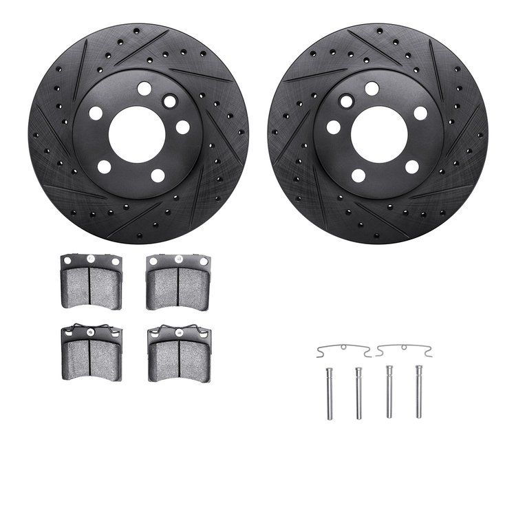 8512-74231 Drilled/Slotted Brake Rotors w/5000 Advanced Brake Pads Kit & Hardware [Black], 1996-1999 Audi/Volkswagen, Position: 