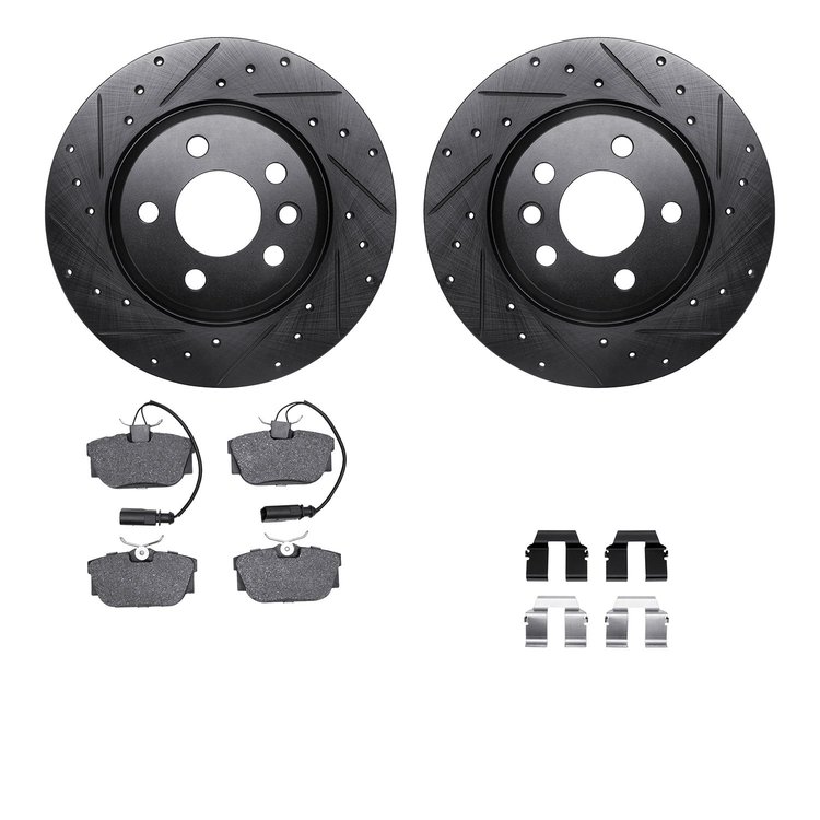 8512-74255 Drilled/Slotted Brake Rotors w/5000 Advanced Brake Pads Kit & Hardware [Black], 2001-2003 Audi/Volkswagen, Position: 