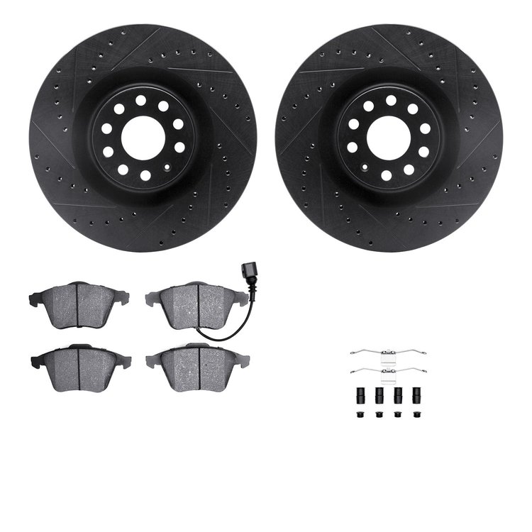 8512-74307 Drilled/Slotted Brake Rotors w/5000 Advanced Brake Pads Kit & Hardware [Black], 2006-2011 Audi/Volkswagen, Position: 