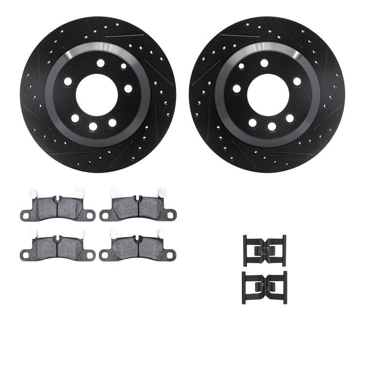 8512-74404 Drilled/Slotted Brake Rotors w/5000 Advanced Brake Pads Kit & Hardware [Black], 2011-2014 Porsche, Position: Rear