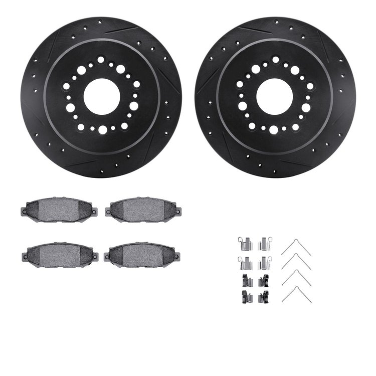 8512-75004 Drilled/Slotted Brake Rotors w/5000 Advanced Brake Pads Kit & Hardware [Black], 1992-1998 Lexus/Toyota/Scion, Positio