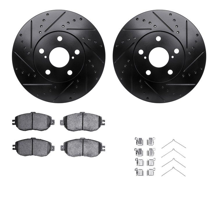 8512-75006 Drilled/Slotted Brake Rotors w/5000 Advanced Brake Pads Kit & Hardware [Black], 1993-1994 Lexus/Toyota/Scion, Positio
