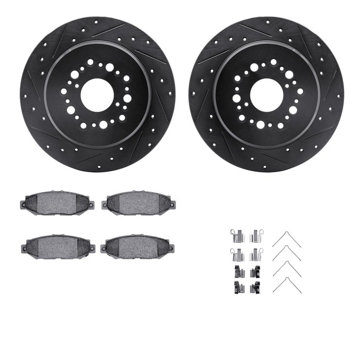 8512-75008 Drilled/Slotted Brake Rotors w/5000 Advanced Brake Pads Kit & Hardware [Black], 1992-2000 Lexus/Toyota/Scion, Positio