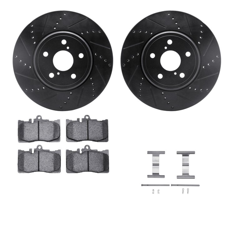 8512-75012 Drilled/Slotted Brake Rotors w/5000 Advanced Brake Pads Kit & Hardware [Black], 2001-2006 Lexus/Toyota/Scion, Positio