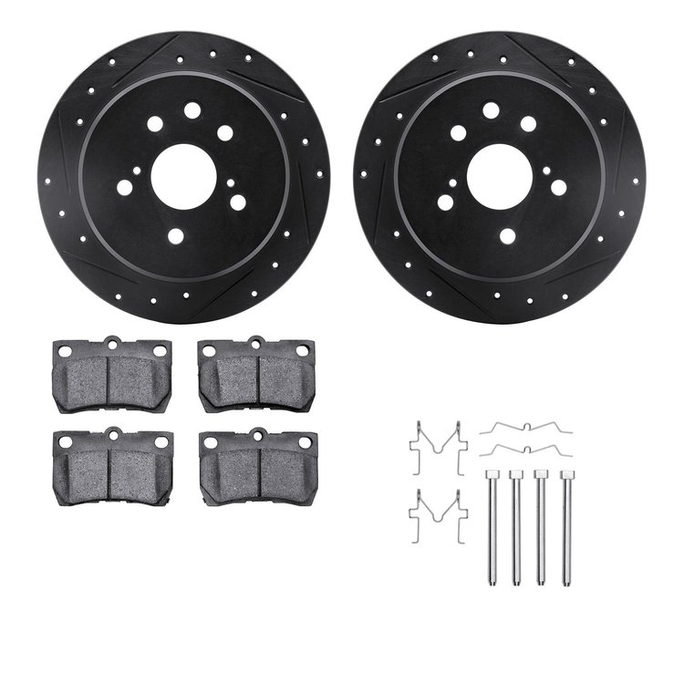 8512-75019 Drilled/Slotted Brake Rotors w/5000 Advanced Brake Pads Kit & Hardware [Black], 2006-2013 Lexus/Toyota/Scion, Positio