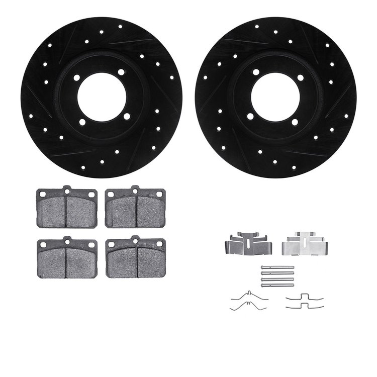 8512-76001 Drilled/Slotted Brake Rotors w/5000 Advanced Brake Pads Kit & Hardware [Black], 1975-1979 Lexus/Toyota/Scion, Positio