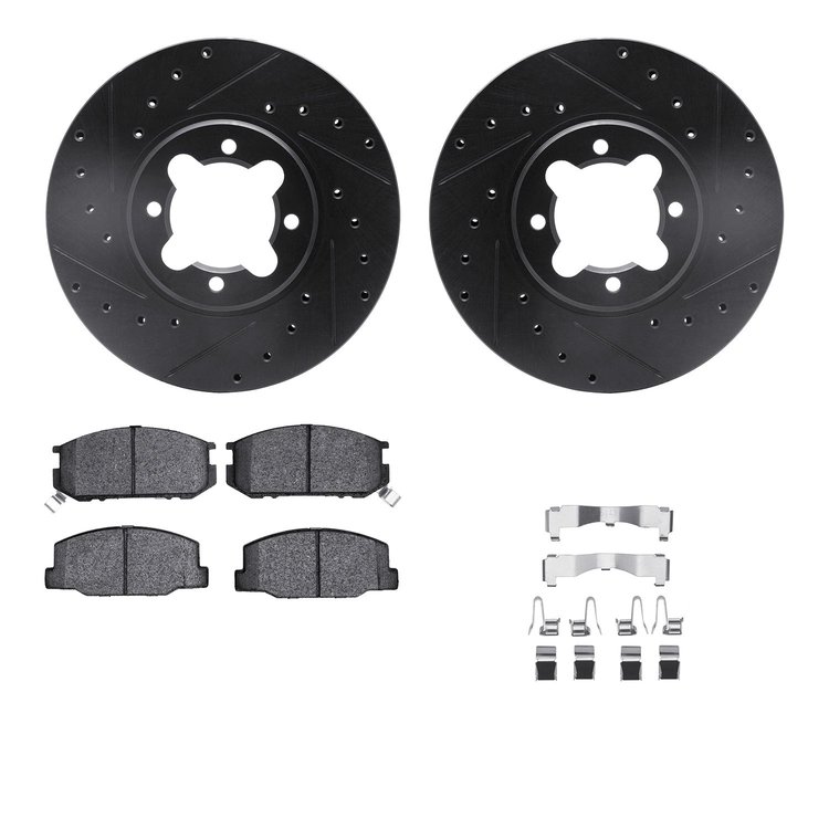 8512-76004 Drilled/Slotted Brake Rotors w/5000 Advanced Brake Pads Kit & Hardware [Black], 1982-1985 Lexus/Toyota/Scion, Positio