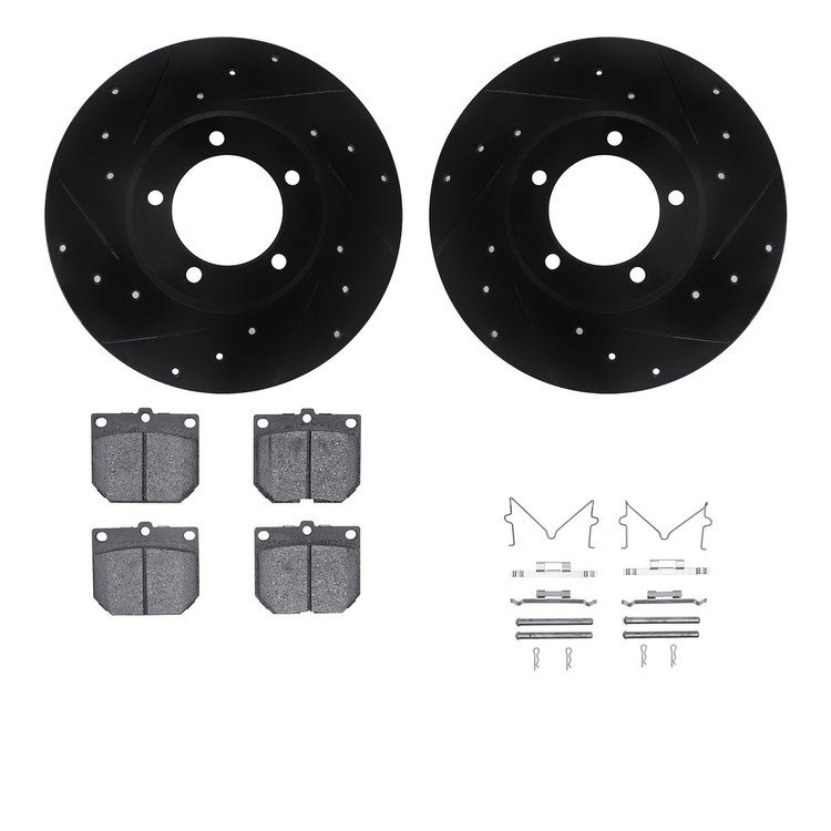 8512-76006 Drilled/Slotted Brake Rotors w/5000 Advanced Brake Pads Kit & Hardware [Black], 1975-1983 Lexus/Toyota/Scion, Positio