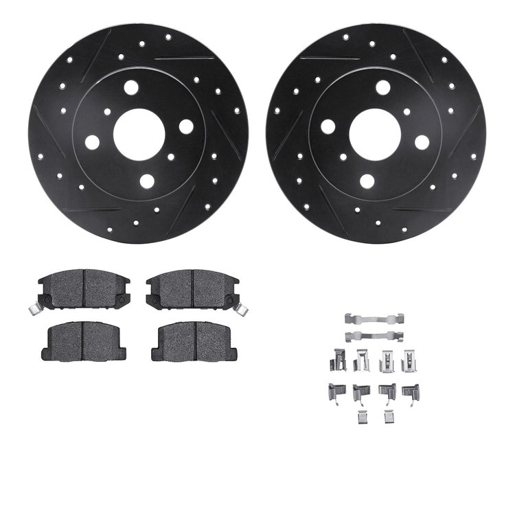 8512-76026 Drilled/Slotted Brake Rotors w/5000 Advanced Brake Pads Kit & Hardware [Black], 1985-1986 Lexus/Toyota/Scion, Positio