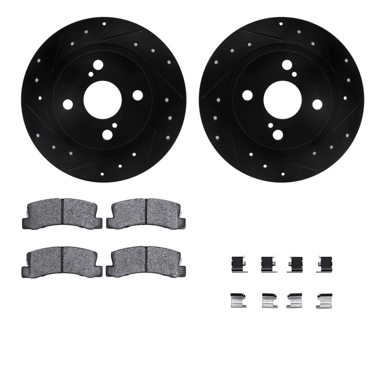 8512-76031 Drilled/Slotted Brake Rotors w/5000 Advanced Brake Pads Kit & Hardware [Black], 1987-1992 Multiple Makes/Models, Posi