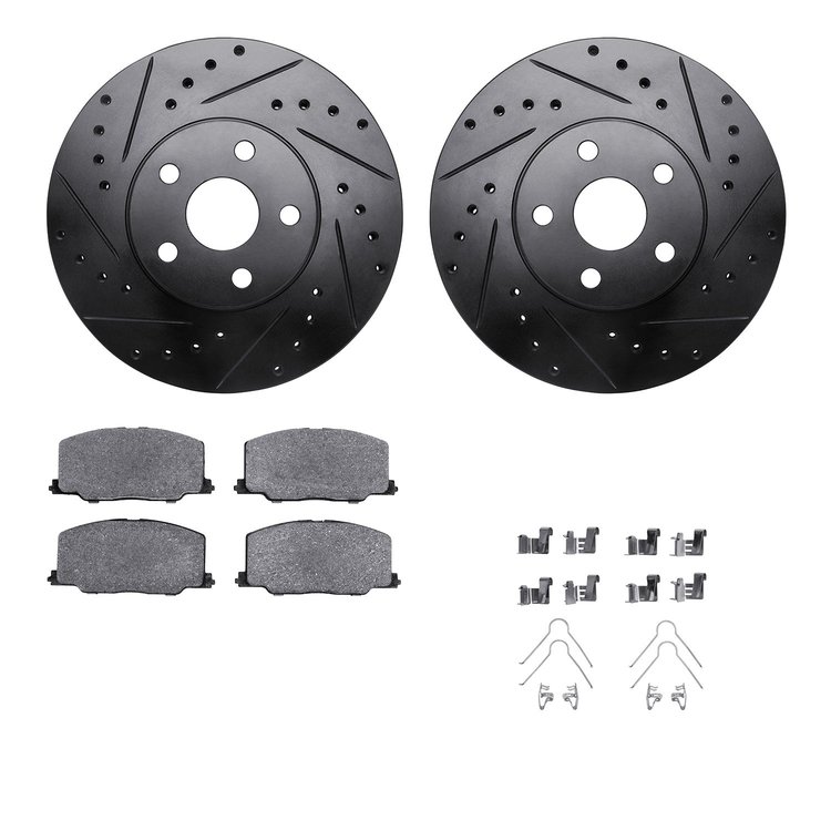8512-76037 Drilled/Slotted Brake Rotors w/5000 Advanced Brake Pads Kit & Hardware [Black], 1987-1991 Lexus/Toyota/Scion, Positio