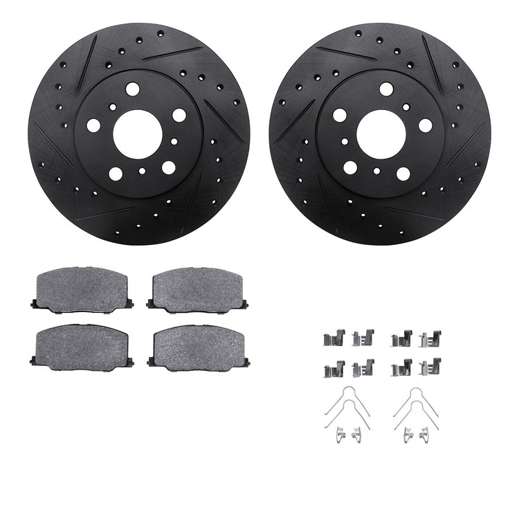 8512-76039 Drilled/Slotted Brake Rotors w/5000 Advanced Brake Pads Kit & Hardware [Black], 1990-1991 Lexus/Toyota/Scion, Positio