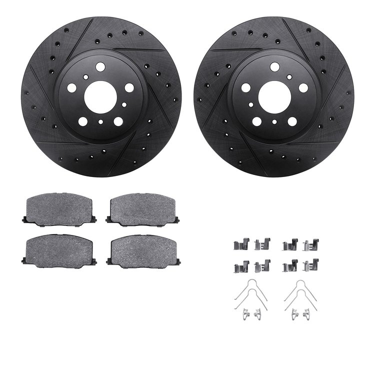 8512-76040 Drilled/Slotted Brake Rotors w/5000 Advanced Brake Pads Kit & Hardware [Black], 1990-1993 Lexus/Toyota/Scion, Positio