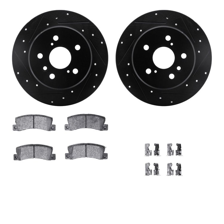 8512-76055 Drilled/Slotted Brake Rotors w/5000 Advanced Brake Pads Kit & Hardware [Black], 1992-1996 Lexus/Toyota/Scion, Positio