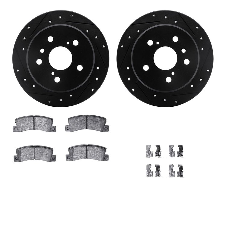8512-76056 Drilled/Slotted Brake Rotors w/5000 Advanced Brake Pads Kit & Hardware [Black], 1992-1996 Lexus/Toyota/Scion, Positio