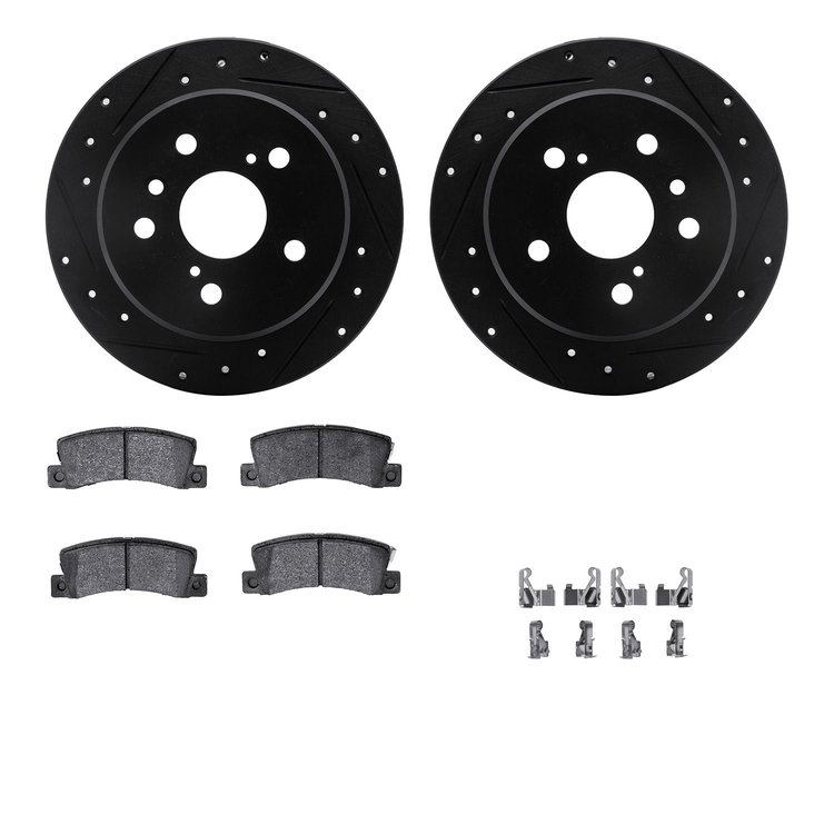 8512-76057 Drilled/Slotted Brake Rotors w/5000 Advanced Brake Pads Kit & Hardware [Black], 1997-1999 Lexus/Toyota/Scion, Positio