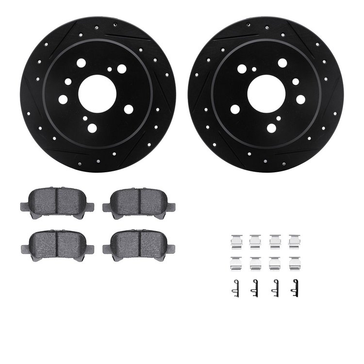 8512-76058 Drilled/Slotted Brake Rotors w/5000 Advanced Brake Pads Kit & Hardware [Black], 2000-2003 Lexus/Toyota/Scion, Positio