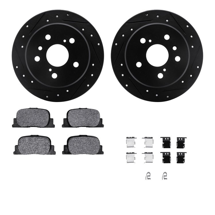 8512-76059 Drilled/Slotted Brake Rotors w/5000 Advanced Brake Pads Kit & Hardware [Black], 2000-2001 Lexus/Toyota/Scion, Positio