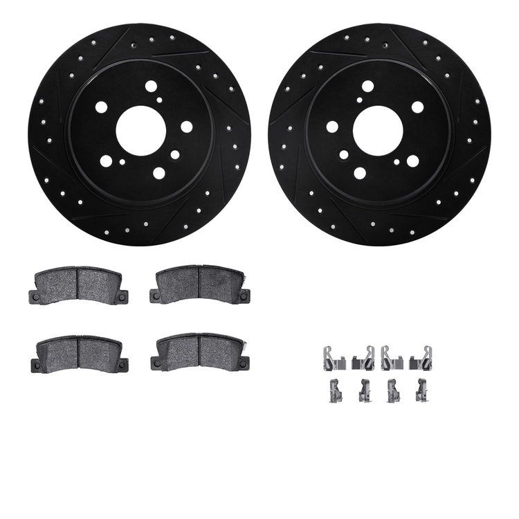 8512-76063 Drilled/Slotted Brake Rotors w/5000 Advanced Brake Pads Kit & Hardware [Black], 1999-2003 Lexus/Toyota/Scion, Positio