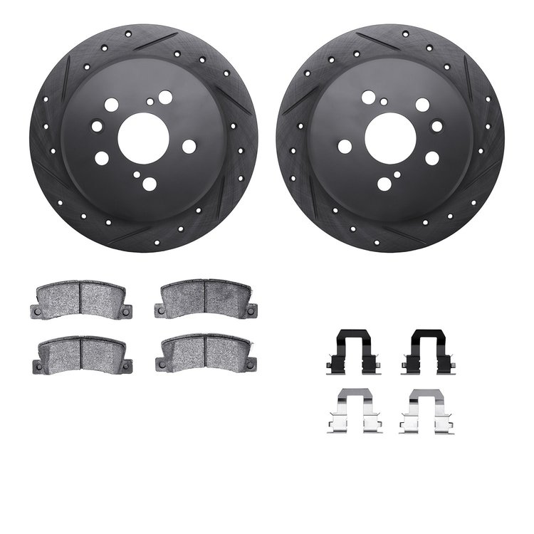 8512-76069 Drilled/Slotted Brake Rotors w/5000 Advanced Brake Pads Kit & Hardware [Black], 1994-1995 Lexus/Toyota/Scion, Positio