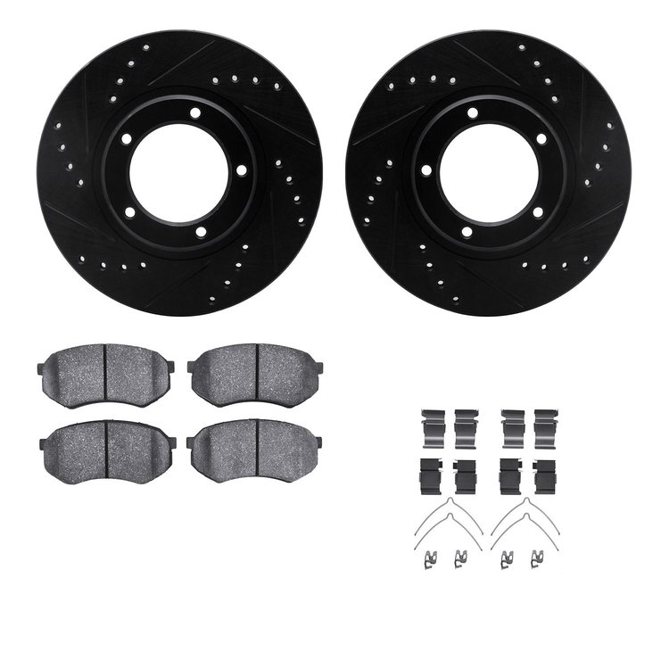 8512-76074 Drilled/Slotted Brake Rotors w/5000 Advanced Brake Pads Kit & Hardware [Black], 1995-2004 Lexus/Toyota/Scion, Positio