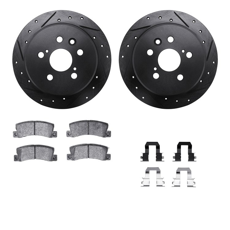 8512-76075 Drilled/Slotted Brake Rotors w/5000 Advanced Brake Pads Kit & Hardware [Black], 1996-1997 Lexus/Toyota/Scion, Positio