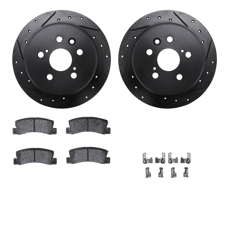 8512-76078 Drilled/Slotted Brake Rotors w/5000 Advanced Brake Pads Kit & Hardware [Black], 1998-1999 Lexus/Toyota/Scion, Positio