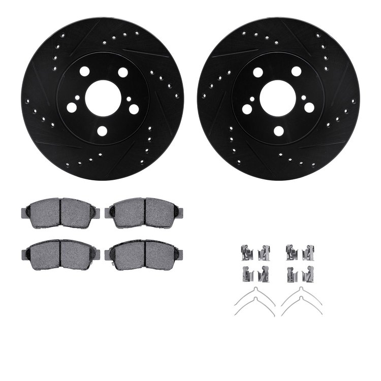 8512-76079 Drilled/Slotted Brake Rotors w/5000 Advanced Brake Pads Kit & Hardware [Black], 1994-1997 Lexus/Toyota/Scion, Positio