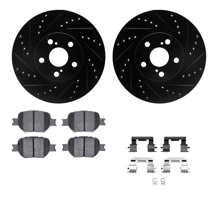 8512-76082 Drilled/Slotted Brake Rotors w/5000 Advanced Brake Pads Kit & Hardware [Black], 2000-2010 Lexus/Toyota/Scion, Positio