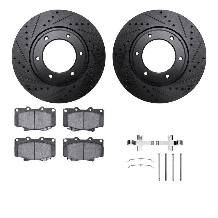 8512-76087 Drilled/Slotted Brake Rotors w/5000 Advanced Brake Pads Kit & Hardware [Black], 1993-1997 Lexus/Toyota/Scion, Positio