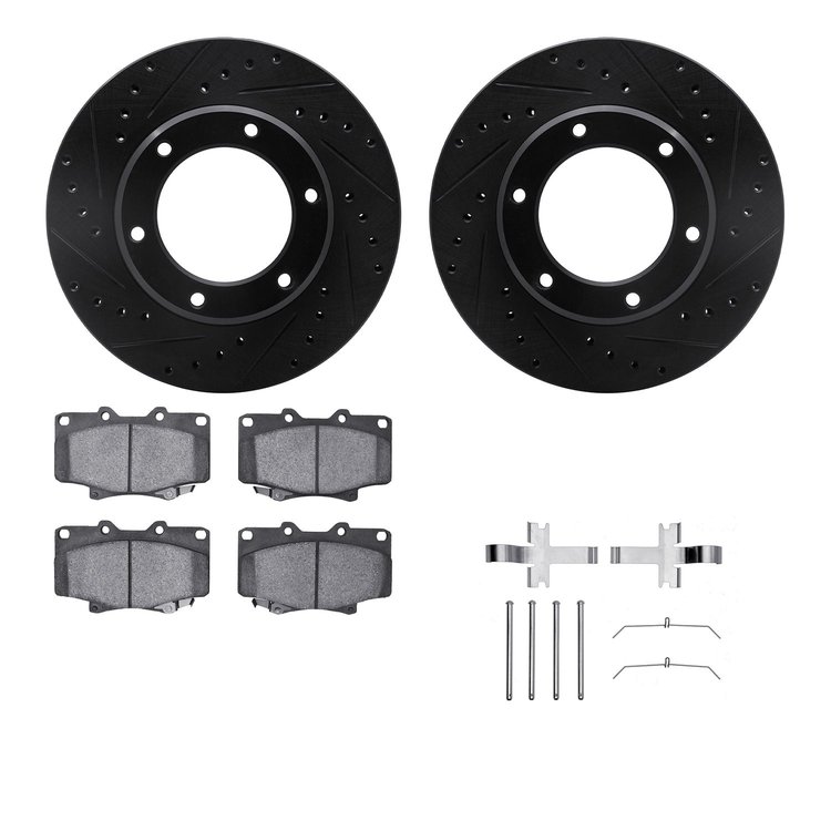 8512-76088 Drilled/Slotted Brake Rotors w/5000 Advanced Brake Pads Kit & Hardware [Black], 1990-1992 Lexus/Toyota/Scion, Positio