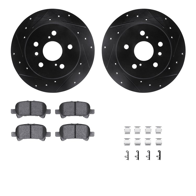 8512-76089 Drilled/Slotted Brake Rotors w/5000 Advanced Brake Pads Kit & Hardware [Black], 2000-2004 Lexus/Toyota/Scion, Positio