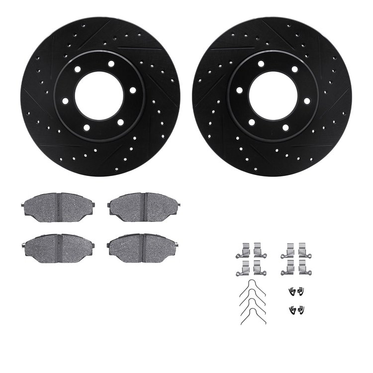 8512-76097 Drilled/Slotted Brake Rotors w/5000 Advanced Brake Pads Kit & Hardware [Black], 1993-1998 Lexus/Toyota/Scion, Positio