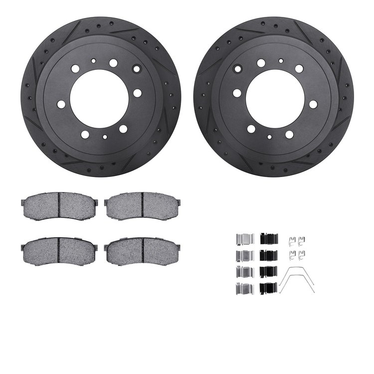 8512-76098 Drilled/Slotted Brake Rotors w/5000 Advanced Brake Pads Kit & Hardware [Black], 1993-1997 Lexus/Toyota/Scion, Positio