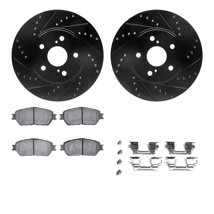 8512-76107 Drilled/Slotted Brake Rotors w/5000 Advanced Brake Pads Kit & Hardware [Black], 2002-2006 Lexus/Toyota/Scion, Positio