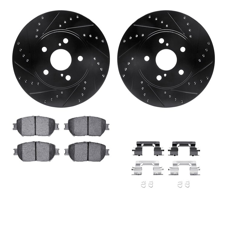 8512-76112 Drilled/Slotted Brake Rotors w/5000 Advanced Brake Pads Kit & Hardware [Black], 2002-2003 Lexus/Toyota/Scion, Positio