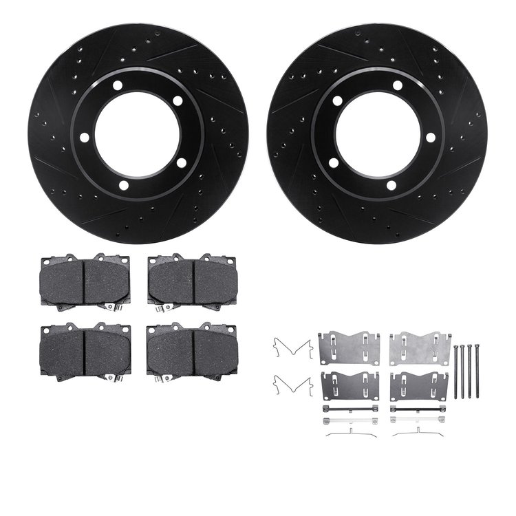 8512-76115 Drilled/Slotted Brake Rotors w/5000 Advanced Brake Pads Kit & Hardware [Black], 1998-2007 Lexus/Toyota/Scion, Positio
