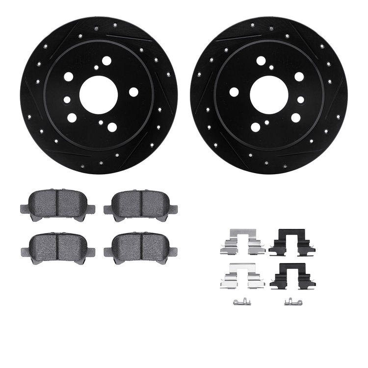 8512-76121 Drilled/Slotted Brake Rotors w/5000 Advanced Brake Pads Kit & Hardware [Black], 2002-2008 Lexus/Toyota/Scion, Positio