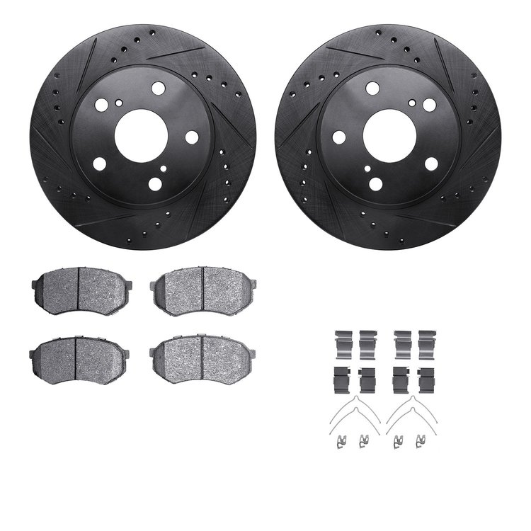 8512-76124 Drilled/Slotted Brake Rotors w/5000 Advanced Brake Pads Kit & Hardware [Black], 1989-1992 Lexus/Toyota/Scion, Positio