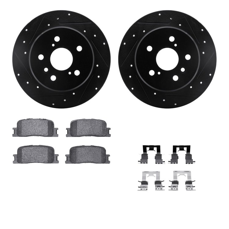 8512-76133 Drilled/Slotted Brake Rotors w/5000 Advanced Brake Pads Kit & Hardware [Black], 2001-2003 Lexus/Toyota/Scion, Positio