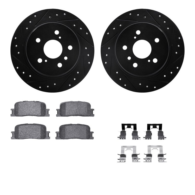 8512-76134 Drilled/Slotted Brake Rotors w/5000 Advanced Brake Pads Kit & Hardware [Black], 2001-2003 Lexus/Toyota/Scion, Positio