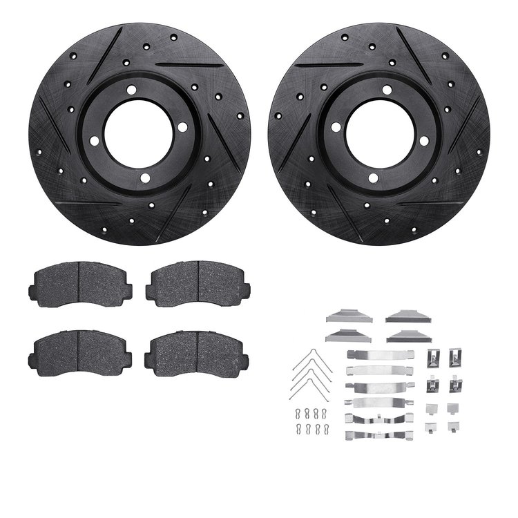 8512-76135 Drilled/Slotted Brake Rotors w/5000 Advanced Brake Pads Kit & Hardware [Black], 1979-1981 Lexus/Toyota/Scion, Positio