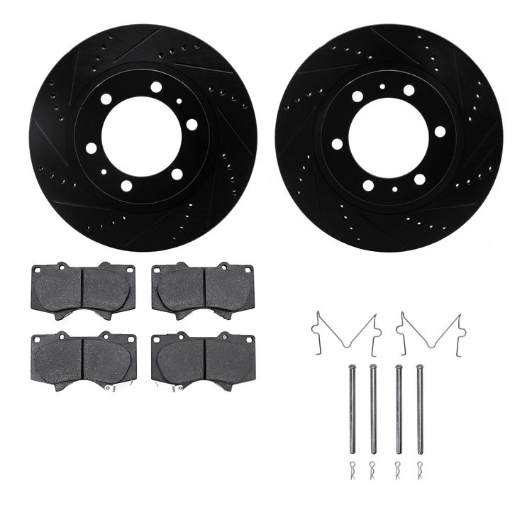 8512-76147 Drilled/Slotted Brake Rotors w/5000 Advanced Brake Pads Kit & Hardware [Black], Fits Select Lexus/Toyota/Scion, Posit