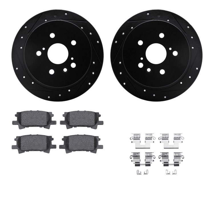 8512-76150 Drilled/Slotted Brake Rotors w/5000 Advanced Brake Pads Kit & Hardware [Black], 2004-2009 Lexus/Toyota/Scion, Positio