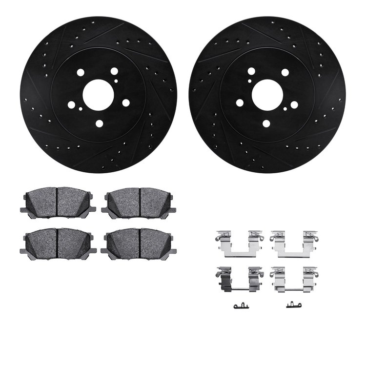 8512-76151 Drilled/Slotted Brake Rotors w/5000 Advanced Brake Pads Kit & Hardware [Black], 2004-2009 Lexus/Toyota/Scion, Positio