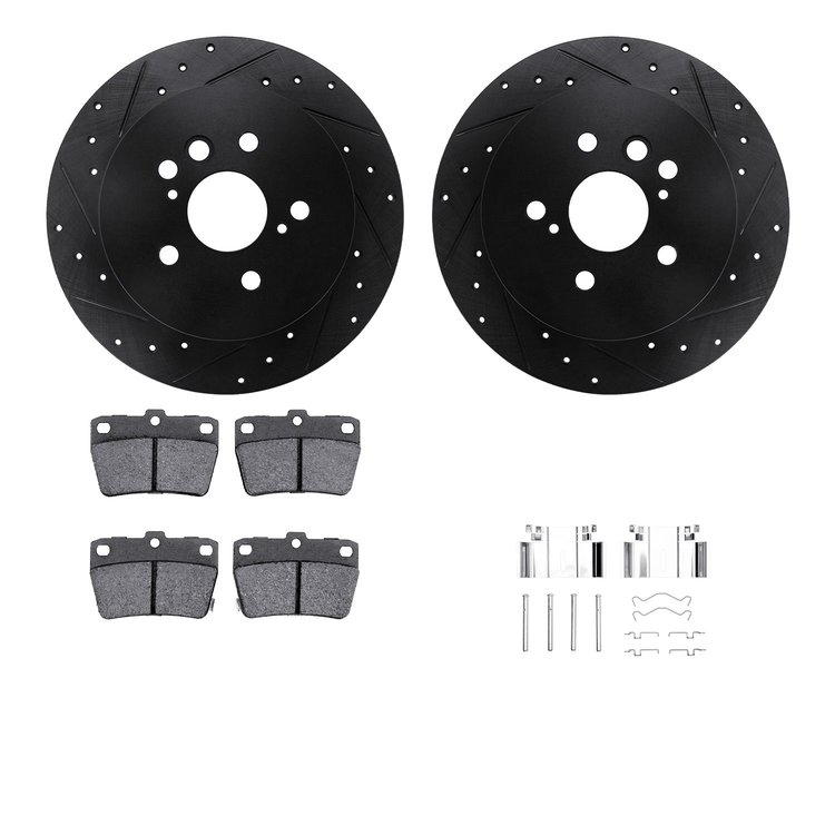 8512-76152 Drilled/Slotted Brake Rotors w/5000 Advanced Brake Pads Kit & Hardware [Black], 2004-2005 Lexus/Toyota/Scion, Positio
