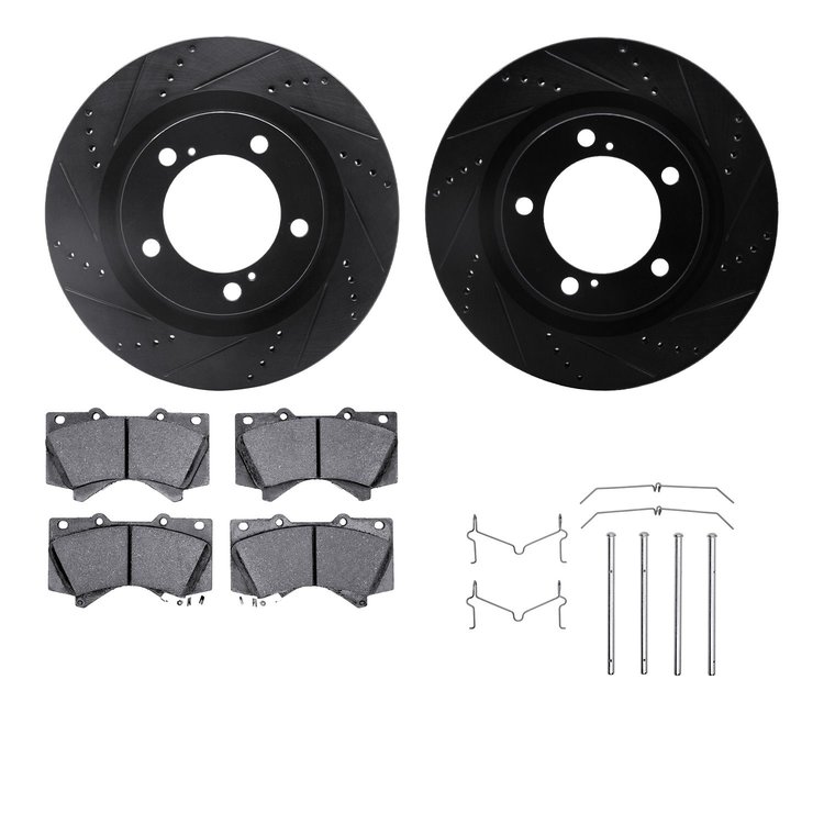 8512-76161 Drilled/Slotted Brake Rotors w/5000 Advanced Brake Pads Kit & Hardware [Black], Fits Select Lexus/Toyota/Scion, Posit